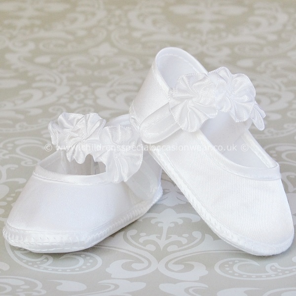 Baby Girls White Satin Flower Rosette Christening Shoes childrensspecialoccasionwear